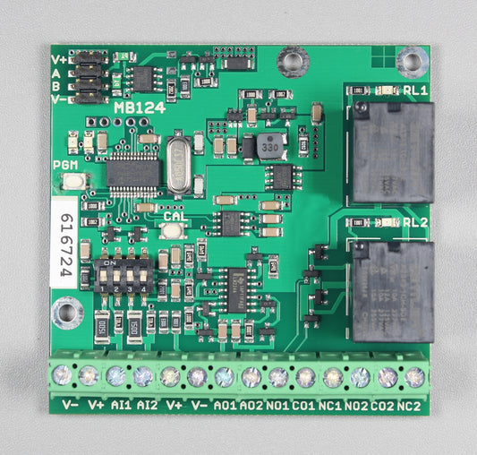 MB124 Modbus RTU I/O With Two Analog Inputs and Outputs and Two Relays
